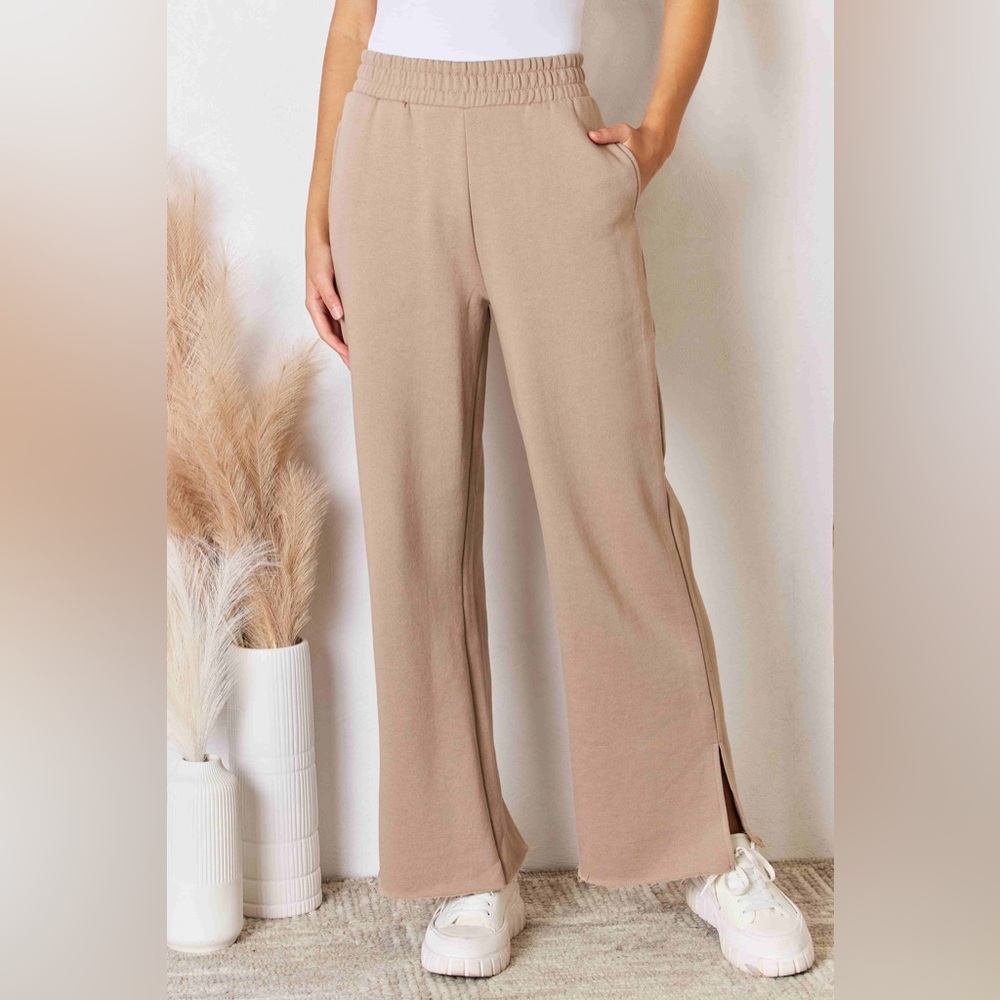 NEW RISEN Sand Tan Oversized High Waisted Slit Wide Leg Flare Sweatpants